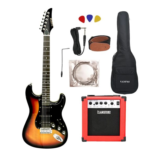 kadence Astroman electric guitar in sunburst with HSS pickups and 21 frets, bundled with a bag and guitar cable. A ready-to-start combo for practice and jams.